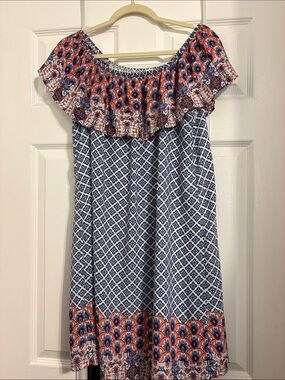 Club Soda Off-Shoulder Blue and Red Printed Women’s Dress Size XL PtP 22 - 24 in